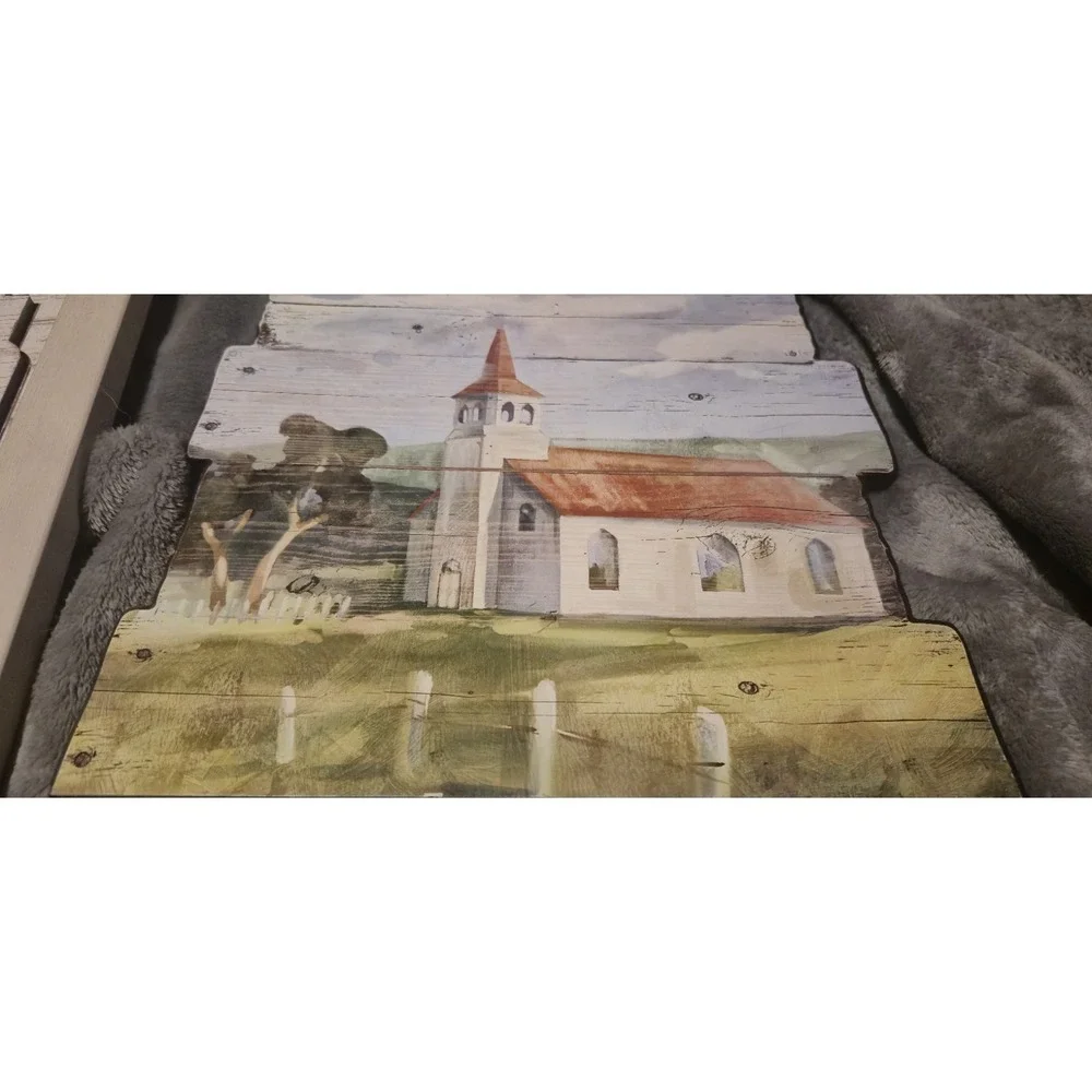 Rustic Country Church Scene Wall Hanging Painted Wood Board Folk Art Decor